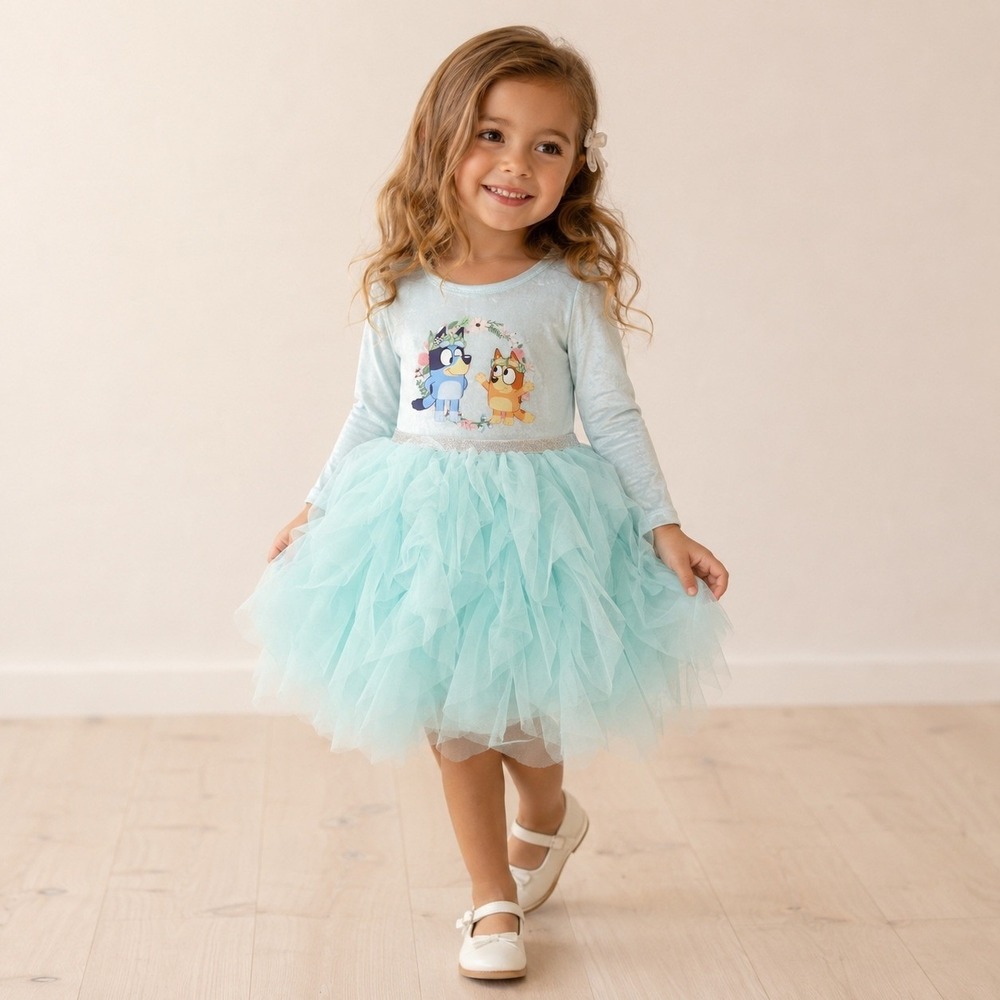 Bluey Bingo Girls Long Sleeve Tutu Dress Light Blue Mint Green Velvet Tulle 3T